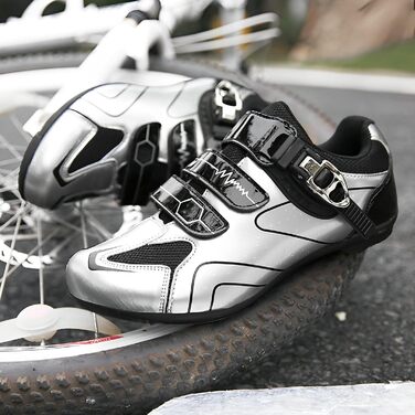 Велосипедні черевики з гумовою підошвою для чоловіків та жінок, унісекс. Підходять для шосе, гірського велосипеда, велоспорту. Дихаючі черевики для їзди на велосипеді, срібного кольору, розмір 42 EU