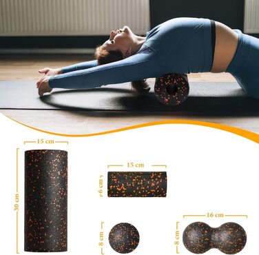 Набір для міофасціального релаксу: Foam Roller, м'ячик для фасцій, міні-ролик, дуобол для йоги та масажу (Синьо-чорно-помаранчевий)