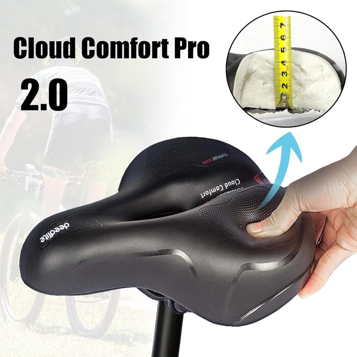 Велосипедне сідло Cloud Comfort Pro Max — зручне, м'яке, анатомічне, з пам'яттю форми, з червоною світловідбиваючою смугою, з амортизацією, для міських і гірських велосипедів