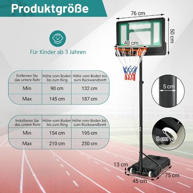 Стенд для баскетболу COSTWAY, регульована висота 90-210 см, з корзиною та колесами, мобільний, для дітей та юнаків, стійкий до погодних умов, для використання в приміщенні та на вулиці (зелений)