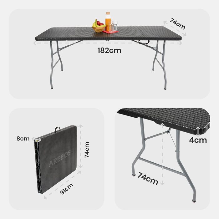 Складаний садовий стіл Arebos Buffettisch 182x74x74 см - чорний | для 8 осіб | з ручкою для перенесення