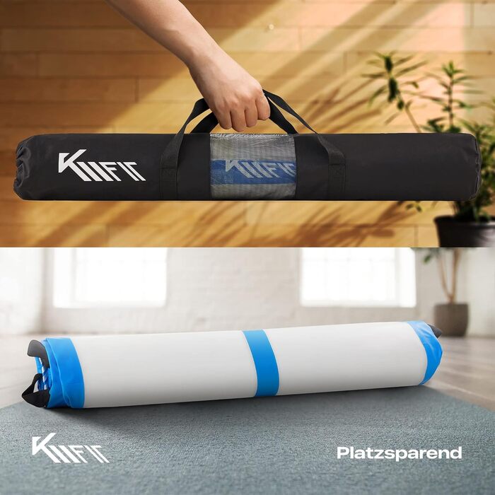 Надувний гімнастичний мат KM Fit Airtrack 10 см, 3/4/5 м, синій, з електричною помпою, UV-захист, для дому та спортзалу