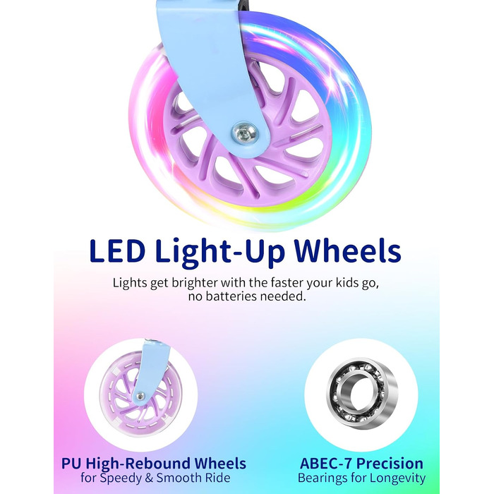Дитячий самокат BELEEV V1Plus з LED-підсвіткою коліс та деки, складаний, 3 рівні висоти, для дітей 3-12 років (Blue Purple)