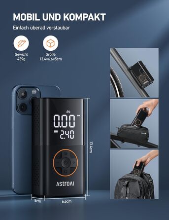 AstroAI Бездротова електрична повітряна помпа, портативна акумуляторна помпа для велосипеда з LED-ліхтариком, для велосипеда, електробіка, авто, мотоцикла, м'ячів (чорний)