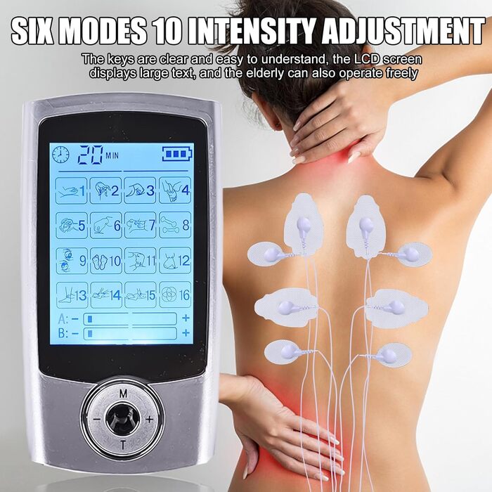 Пристрій TENS 16 режимів: електростимулятор для зняття болю та розслаблення м'язів. 16 програм, 20 рівнів інтенсивності, 2 канали, EMS, преміум електроди (білий)