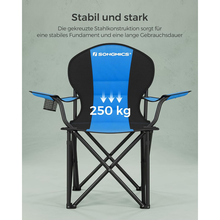 Крісло для кемпінгу SONGMICS, складане, з м'яким сидінням, 250 кг, блакитне та чорне