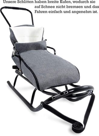 Металевий санний Oslo з підніжкою, ременями безпеки, ручкою для штовхання та мішком для ніг. Ідеальний для дітей та дорослих. Максимальне навантаження 120 кг. Колір: сірий