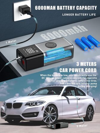 OneAmg електричний насос-компресор 6000мАг USB, 150PSI/10,3Бар, 12В/120Вт, портативний для велосипедів, авто, мотоциклів, м'ячів, з LED-підсвіткою і 5 режимами накачування