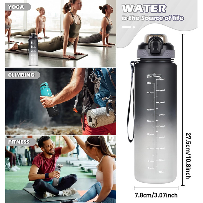 Водна пляшка CodiCile 1л зі трубочкою, спортивна, з маркуванням часу, чорно-сіра