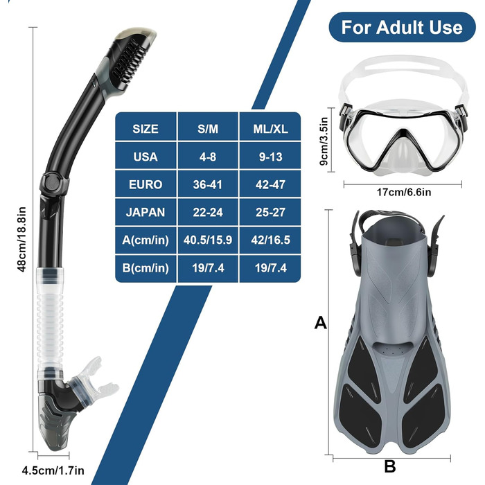 Набір для снорклінгу ZEEPORTE: маска, ласти, трубка (сірий), розмір ML/XL