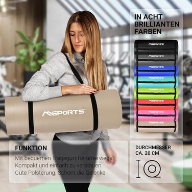 Фітнес-мат для йоги та гімнастики MSPORTS 183x61x1 см, бежевий, без фталатів, з ременями і постером
