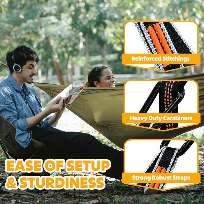 Легка туристична гамак NATUREFUN для кемпінгу | 300 кг вантажопідйомність, 275 x 140 см | Дихаючий, швидковисихаючий нейлон, 2 карабіни, 2 петлі | Для дому, саду, відпочинку на природі
