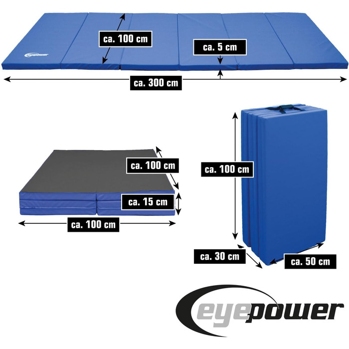 Складаний гімнастичний мат для дому eyepower 300x100 см, товщина 5 см, дитячий спортивний мат, м'який складаний мат для фітнесу, йоги, синьо-чорний