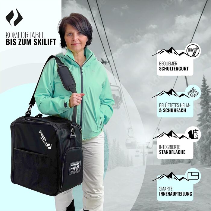 Чохол для лиж Driver13 з відділенням для шолома та регульованим плечовим ременем, 41 x 27 x 43 см, чорний