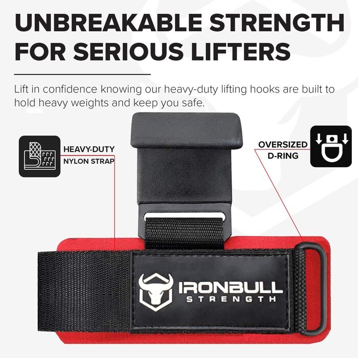 Сталеві гаки для важкоатлета Iron Bull Strength (пара) – міцні ремінці на зап'ястя для станової тяги та пауерліфтингу, з м'якою підкладкою, чорні