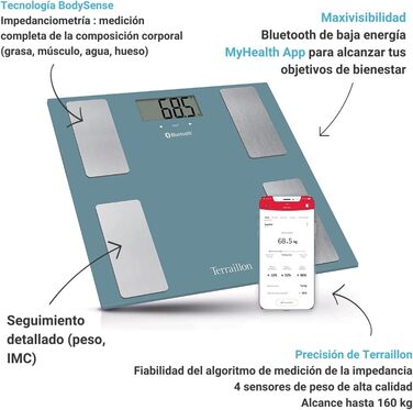Розумні ваги TERRAILLON SMART CONNECT з Bluetooth, аналіз складу тіла, вимірювання ваги, ІМТ, жиру, до 8 користувачів, сині