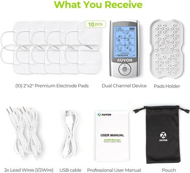 AUVON TENS Пристрій для електростимуляції, з 24 програми, 2 канали, 10 електродів, для зняття болю