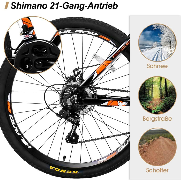 Гірський велосипед Hiland MTB 26/27,5 дюймів, алюмінієва рама, дискові гальма, підлітковий, чоловічий/жіночий, спицеві колеса, білий/чорний, чорний/помаранчевий, 26 дюймів
