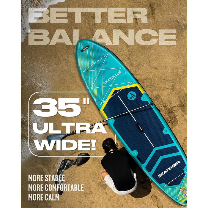 Надувне SUP-борд Skatinger для йоги та катання, 28.9 x 86.4 x 15.2 см, з рюкзаком 1600D, 6 D-кільцями та US-фінкою (Метеоритний блакитний)