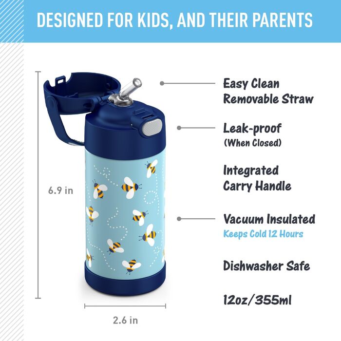 Дитяча термопляшка зі сталі Thermos Funtainer з трубочкою, вакуумна ізоляція, 355 мл, чорна (дизайн Honigbienen)