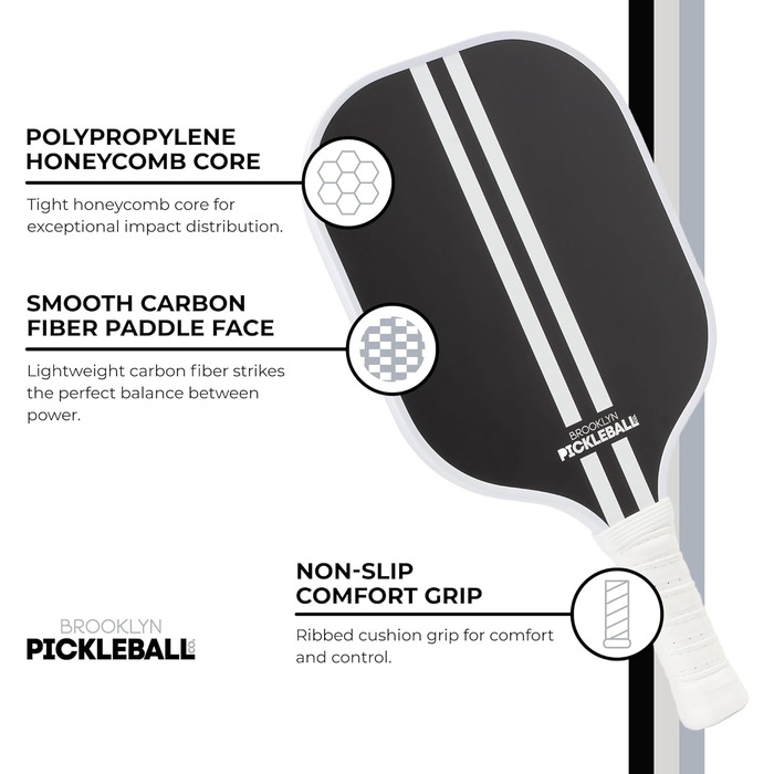 Паддл для піклболу Brooklyn Pickleball Co. | Вуглеволокно | Комірчаста структура | Нековзний руків'я | Одиночний | Білий (Чорний)