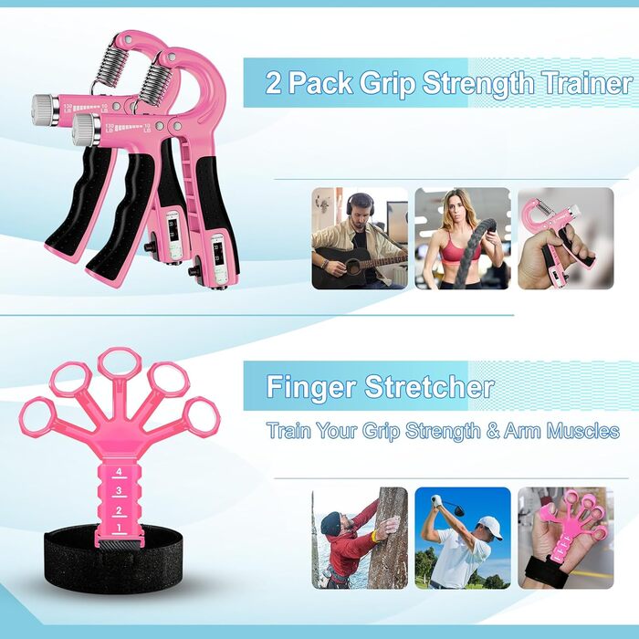 Набір для тренування сили рук Griffkrafttrainer (5шт) з тренажерами для пальців, м'ячем для зняття стресу та сумкою для перенесення, рожевий