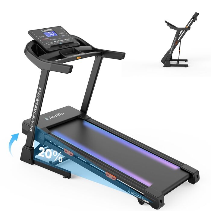 Бігова доріжка Aeriflo T500 Pro для дому: електрична, з нахилом 20%, швидкості до 20 км/год, ширина 51 см, складна, з App та бездротовою зарядкою, до 150 кг