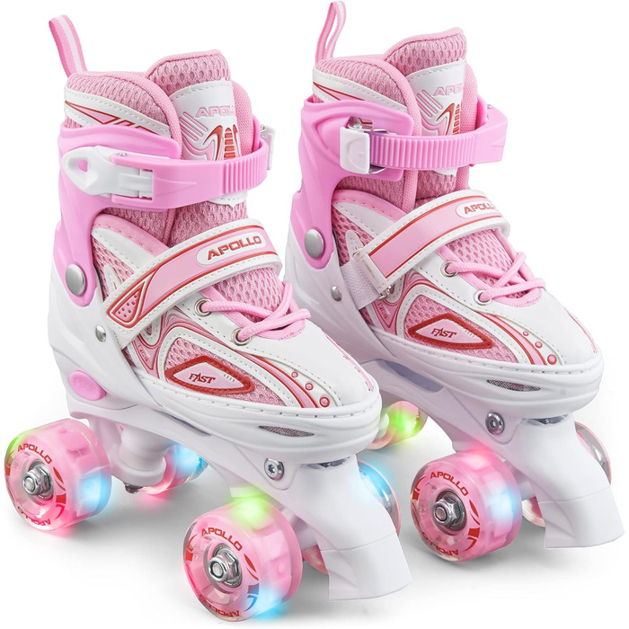 Дитячі ролики Apollo Super Quad X Pro з регулюванням розміру, LED, для дівчаток та хлопчиків, розмір 31-42, блакитні та рожево-білі