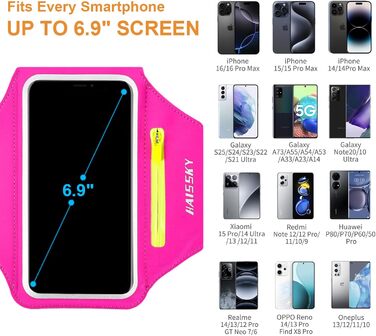 Спортивний браслет Haissky з кишенькою для навушників. Сумісний з iPhone, Huawei, Xiaomi, Galaxy. Сірий/Рожевий (до 6.9 дюймів)