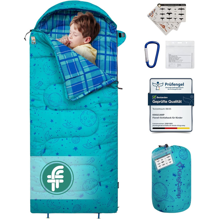 Сплячий мішок KingCamp для дітей, фланелевий, легкий, водонепроникний, компактний, зимовий, 4 сезони, для кемпінгу, підходить для дітей до 140 см, комфортна температура: 7°C (Блакитний L)