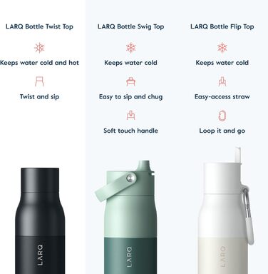 Термобутилка LARQ Twist Top 500 мл, ізольована сталева, BPA-free, для води, збереження температури, чорна, для офісу, подорожей, кемпінгу