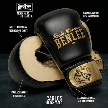 Боксерські рукавички BENLEE Carlos для тренувань та кікбоксингу, 14 oz, чорний/золотий — з амортизуючою піною та застібкою-липучкою