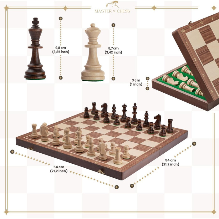 Набір для шахів Tournament Schach Spiel Set NO. 6 | Master Of Chess | Шаховий набір з дерев'яною шахівницею 54x54 см | З шаховими фігурами Staunton з горіха та ясену | Преміум якість