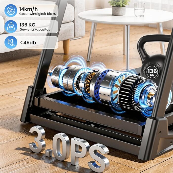 Складана бігова доріжка для дому та офісу з автоматичним нахилом 15%, двигун 3.0 к.с. (до 14 км/год), LED-дисплеєм та 12 програмами, макс. навантаження 136 кг, чорна