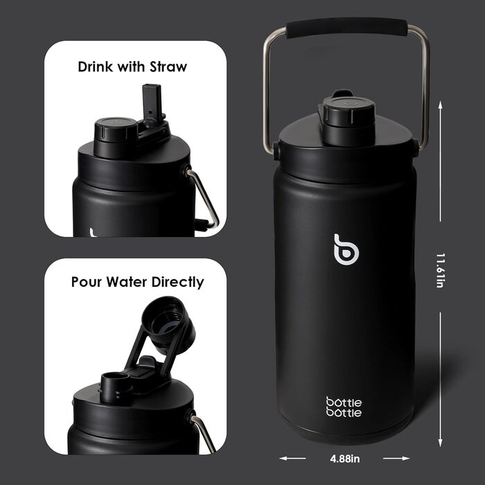 Термобутилка BOTTLE BOTTLE 1.8 л з трубочкою, пігулковницею та ручкою, нержавіюча сталева пляшка для води для спорту і подорожей, чорна