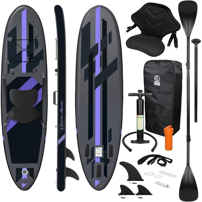 Надувна SUP-дошка ECD Germany 320x82x15 см з каяк-сидінням, комплект аксесуарів, чорна/блакитна/бірюзова/сіро-оранжева, ПВХ, алюмінієве весло, для серфінгу та веслування