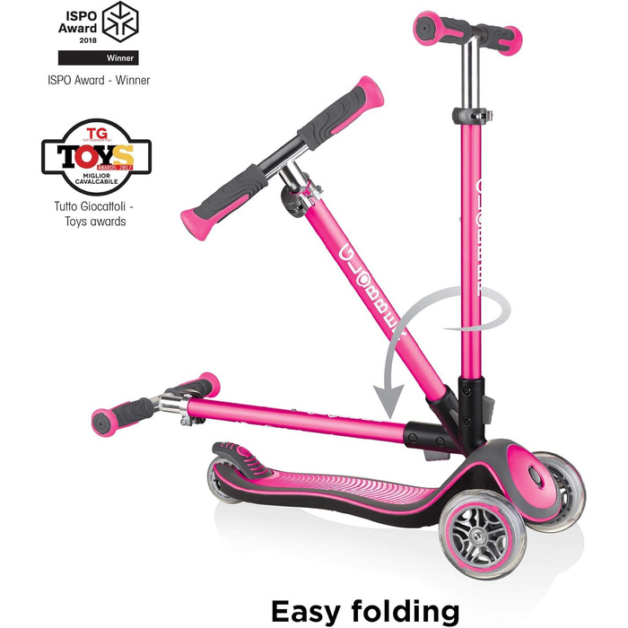 Самокат GLOBBER Elite Roller для дітей від 3 років, 3-колісний, з LED-підсвічуванням рожевого кольору, регульована висота, підшипники ABEC 5