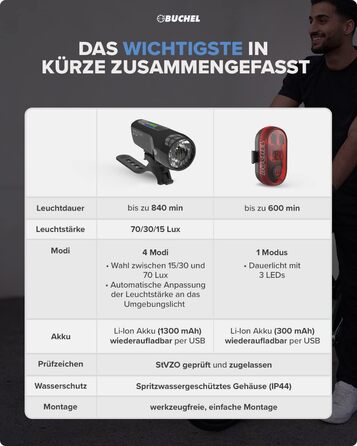 Комплект велосипедних ліхтарів Büchel BLC 720 70/30/15 Люкс, LED, передній і задній, StVZO, до 14 годин роботи, акумуляторні, micro-USB