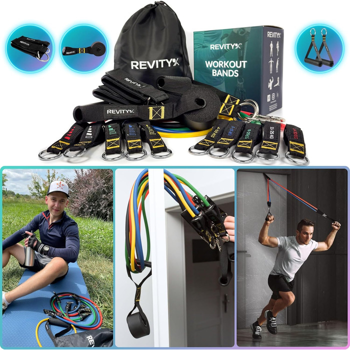 Стрічки для силових тренувань Widerstandsbänder 5 шт. - Набір еластичних стрічок з ручками для тренувань всього тіла з планом тренувань PDF - Натуральний латекс, довговічні, універсальні фітнес-стрічки для жінок та чоловіків