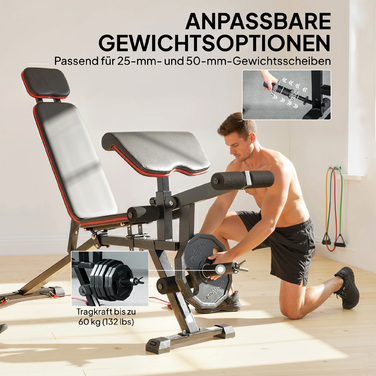 Регульована лава для жиму з вагою до 300 кг 3-в-1: лава для жиму, тренажер для ніг та пулт для згинання ніг. Оснащена роликами, підголівником та еластичними стрічками опору.