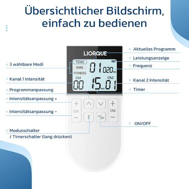 Пристрій TENS EMS Liorque для терапії болю: 3-в-1, 50 режимів, 10 електродів, стимуляція м'язів для рук, ніг, спини, плечей (білий)