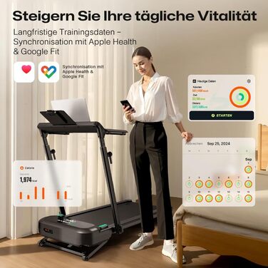 Біговий тренажер Smart з автоматичним нахилом 9%, двигун 2.5 PS Brushless, складаний біговий килимок для дому та офісу, велика площа для бігу, тихий та для суглобів, додаток з AI, World-Tour та HIIT, автоматичний нахил з столом та ручкою підтримки