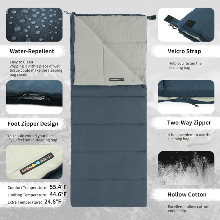 Спальний мішок Naturehike для дорослих, легкий прямокутний, з'єднувальний, 3-сезонний, для кемпінгу та походів (блакитний)