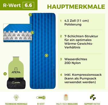 ATEPA ThermAir Ultraleichte Isomatte: Каремат для кемпінгу та хайкінгу, R-6, 11 см, 183x64 см, блакитний