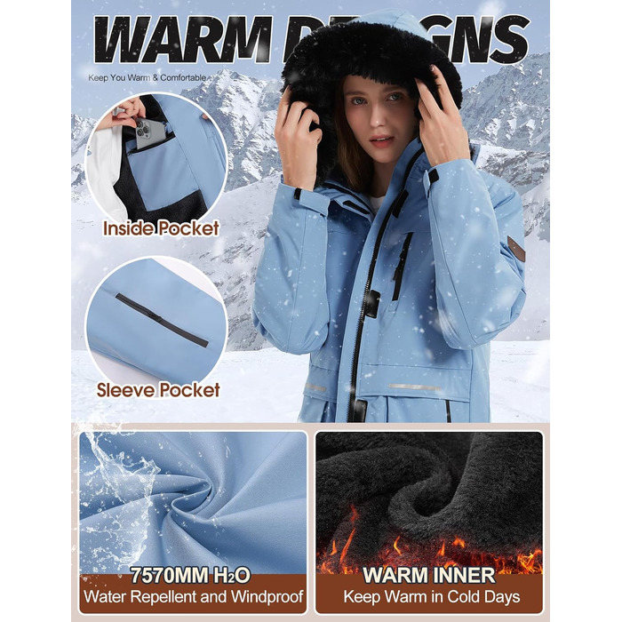 Водонепроникна зимова куртка Voqeen для сноубордингу та лижного спорту з флісовою підкладкою, синього кольору (L)