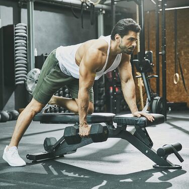 Гантельна лава GORILLA SPORTS® з регулюванням спинки (8 положень) та сидіння (3 положення), 156x51x114 см, до 400 кг, мультифункціональна, з підставкою для ніг. Підходить для тренувань спини, ніг та пресу.