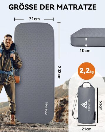 Каремат самонадувний HIKENTURE Comfort Plus сірий, товщина Extra Dicke, з насосом для кемпінгу