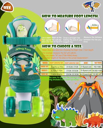 Ролики дитячі Kinder Dinosaurier з підсвічуванням, розмір регулюється, зелені