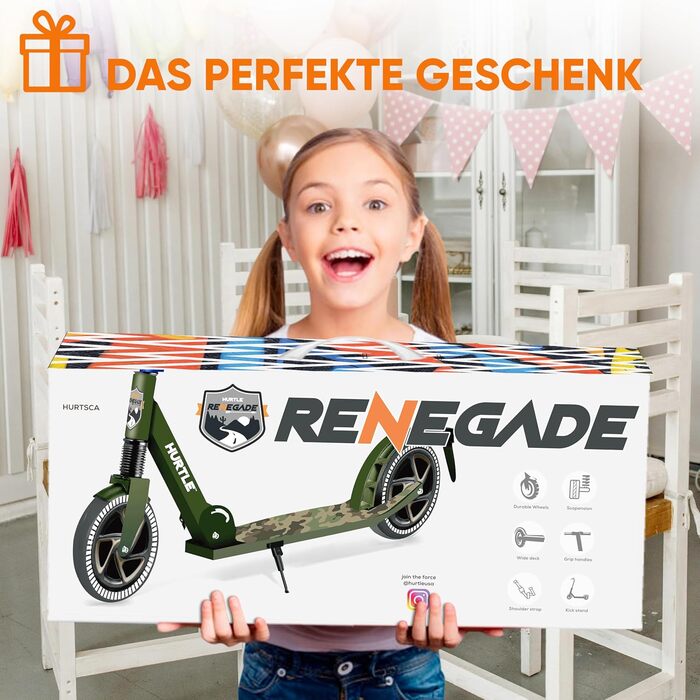 Міський ролер Hurtle Roller Kinder 10 років – складний, регульований по висоті 84–98 см, самокат для дітей та дорослих зі стійкою, з ремінком, до 100 кг, камуфляж