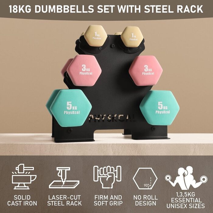 Набір гантелей KurzhanTel для дому та фітнесу, 18 кг (бежевий, рожевий, тіффані)